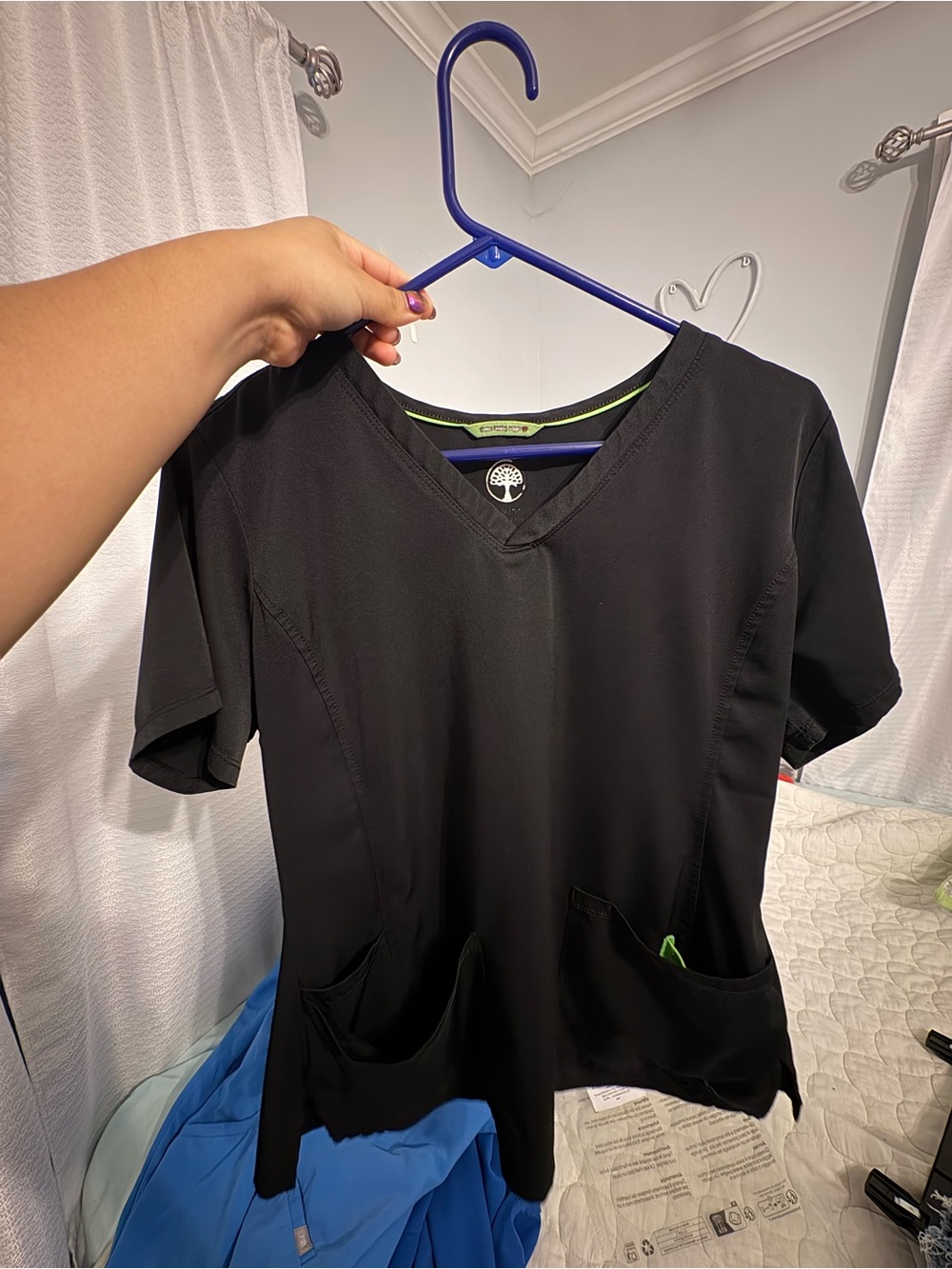 healing hands Black V-Neck Scrub Top with Lime Trim